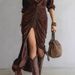 Fall And Winter Fashion Button-Down Shirted Slit Velor Maxi Skirt With Lapel Long Sleeve Shirt Dress_ecoleips.com