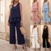 Women's New Style Two Piece Set Solid Color V Neck Sleeveless Top And Wide Leg Pants Layered Design_ecoleips.com