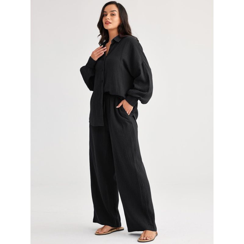 Women's Loose Casual Two Piece Set Fashion Large Stock Available Top And Wide Leg Pants New_ecoleips.com
