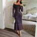 Elegant Bodycon Long Sleeve Dress – Stretch Polyester Slim Fit Evening Gown With Sheer Mesh Detail_ecoleips.com
