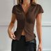 Y2K Aesthetic Button Front Short Sleeve Cardigan For Women, Vintage Cropped Shirt Jacket, Cute Casual Loungewear Top_ecoleips.com