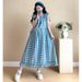 Real Shot In Stock Maternity Summer Sweet Korean Style Ruffled Skirt Flutter Sleeve Plaid Cotton Round Neck Dress_ecoleips.com