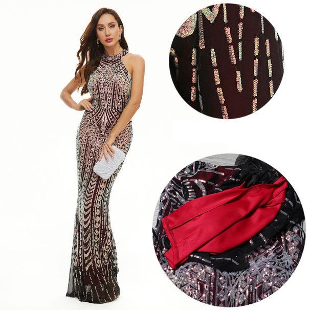 Women’s Clothing New Sequined Banquet Evening Dress Skirt Female Temperament Celebrity Annual Meeting Host Sexy Halterneck Fishtail Long_ecoleips.com