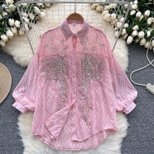 Women's Clothing Versatile Long Sleeved Shirt Female Celebrity High End Beaded Sequined Thin Lantern Sleeve Shirt Loose Casual Top_ecoleips.com