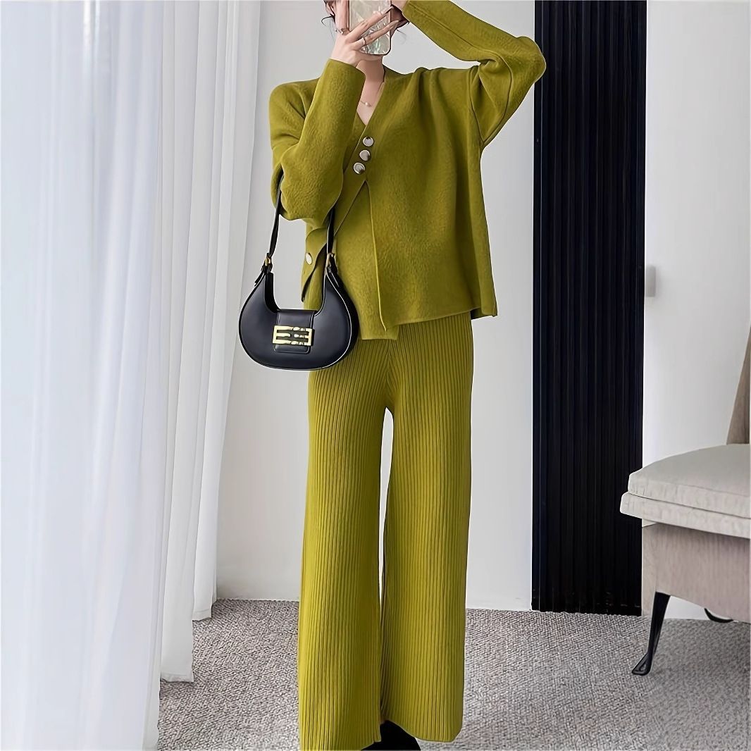 Women's Clothing Elegant Cross-Knit Sweater & Pants Set – Stylish Autumn Winter Outfit In V-Neck & Loose Fit, Soft Viscose Blend Fabric, Green Casual_ecoleips.com