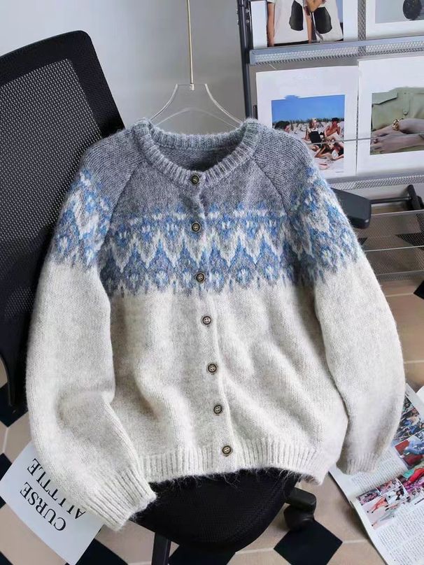 Fair Isle Knit Cardigan – Vintage Nordic Pattern Oversized Sweater Coat (Beige, Coffee, Navy, One Size)_ecoleips.com