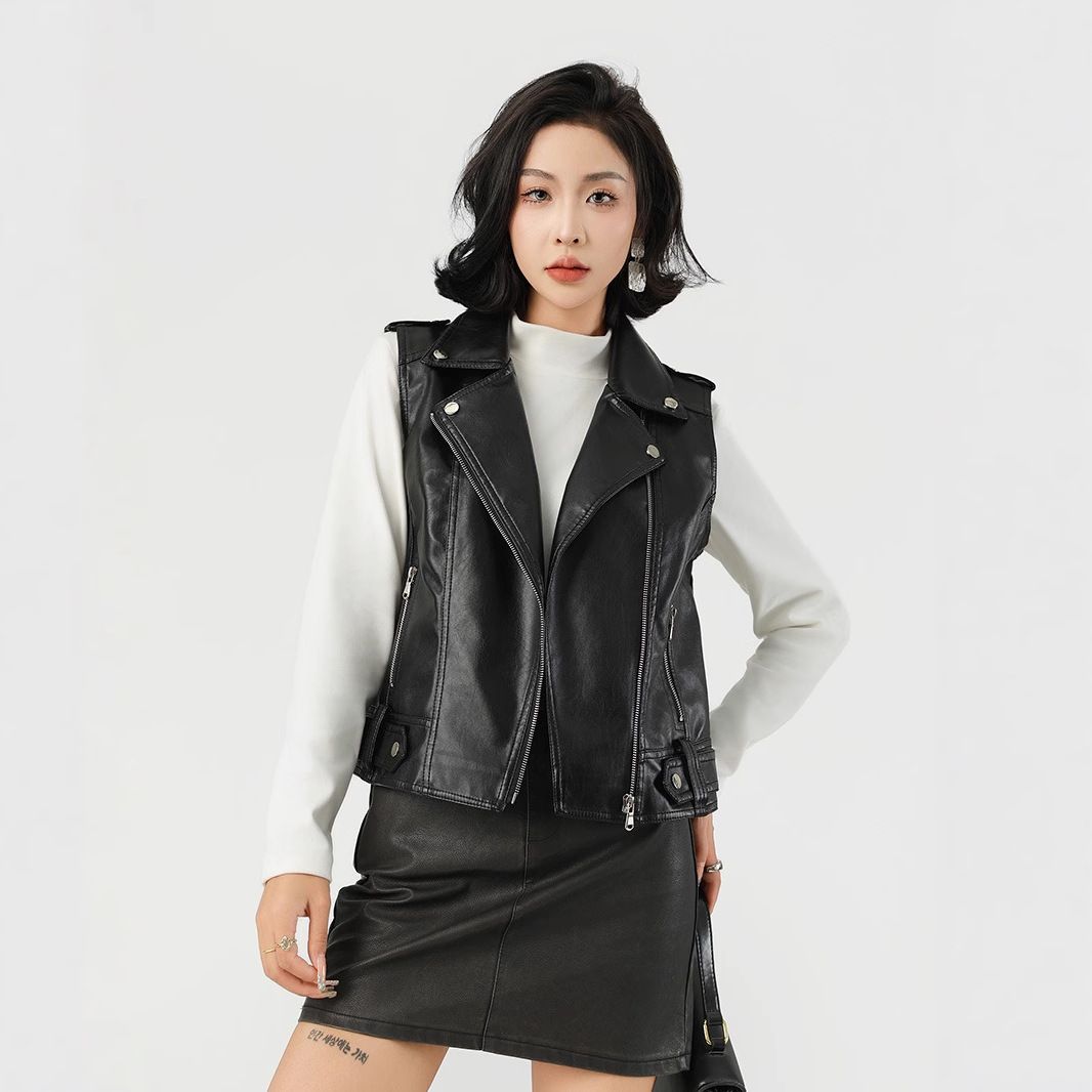 Women's Clothing Stylish Suit Style Leather Vest Faux Leather Vest With Lapel - Stylish Slim Fit Sleeveless Jacket For Office & Casual Wear_ecoleips.com