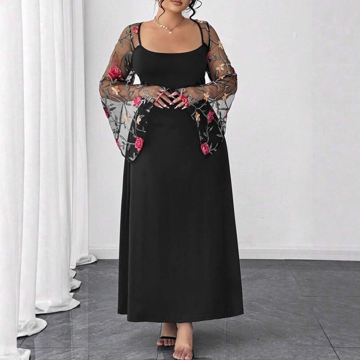 Plus Size Floral Print Mesh Maxi Dress - Elegant Square Neck Summer Long Dress For Vacation & Evening Wear_ecoleips.com