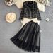 Women's Clothing Tweed Two-Piece Set - Single-Breasted Jacket & High-Waisted A-Line Skirt (Black, S-XXL)_ecoleips.com