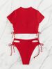 Women's Two Piece Bikini Comfort And Style Short Sleeve Mesh Solid Color Sexy Tie Waist Swimsuit_ecoleips.com