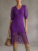 Breathable V Neck Chiffon Puff Sleeve Fringe Hem Loose Rib Knit Dress_ecoleips.com