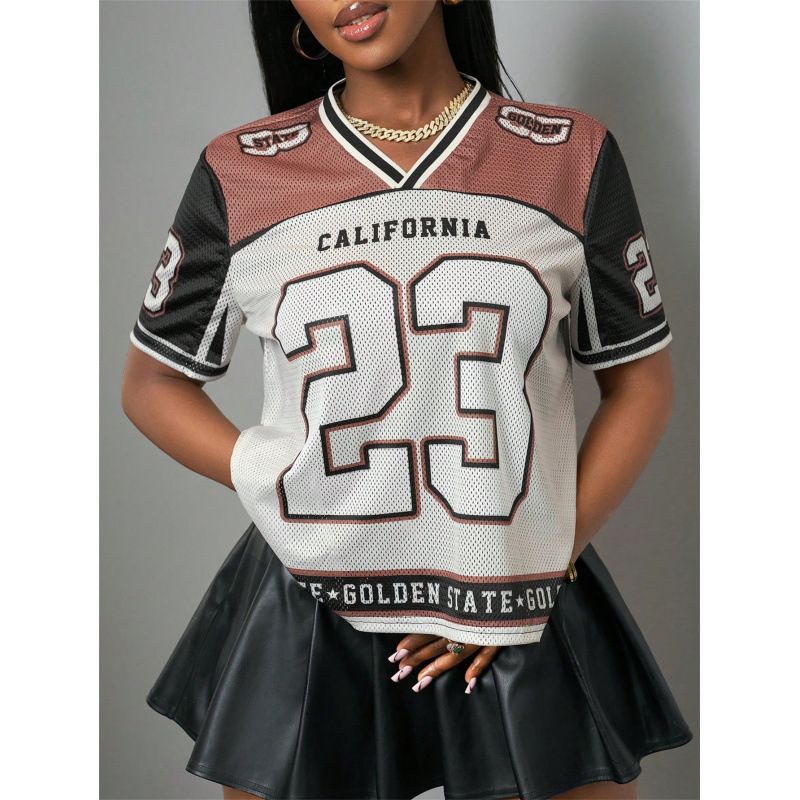 Women's Clothing Women's Color Blocked Digital Print Top Loose Short Sleeve Street Style For Formal & Casual For Women_ecoleips.com