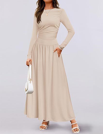 Women's Round-Neck Pleated Pocket Fitted Long-Sleeved Knitted Dress_ecoleips.com