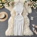 European And American Stand Up Collar Button Down Slim Fit Stretch Knitted Vest Skirt With Slim Waist And Medium Length Hip Wrapped Bottoming Skirt_ecoleips.com