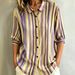 Women's Clothing Women's Color Block Striped Shirt Lapel Single Breasted Mid Sleeve Top_ecoleips.com
