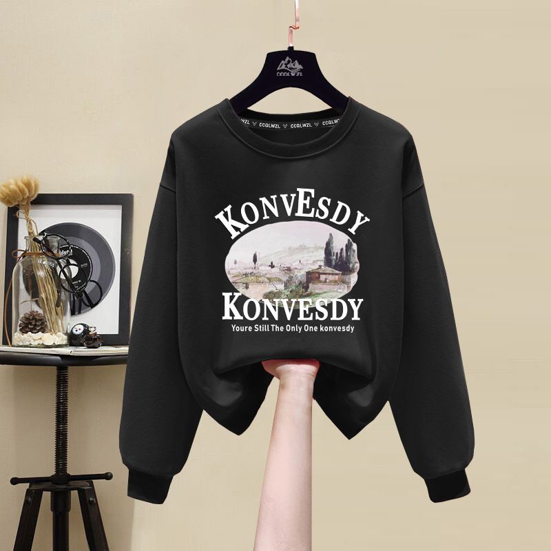 Women's Fleece Lined Sweatshirt round Neck Thick Korean Style Casual Loose Fit Pure Cotton Top Autumn Winter Pure Color Slimming_ecoleips.com