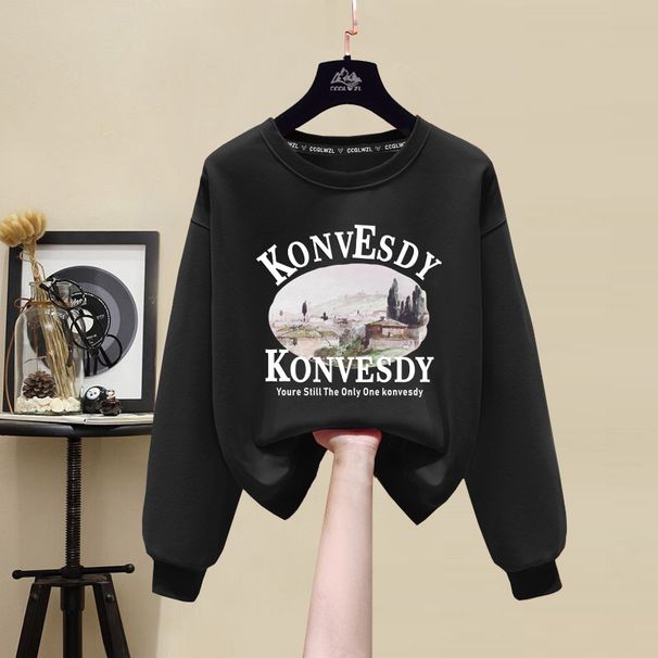 Women's Fleece Lined Sweatshirt round Neck Thick Korean Style Casual Loose Fit Pure Cotton Top Autumn Winter Pure Color Slimming_ecoleips.com