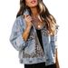 Women's Distressed Leopard Print Denim Jacket Button Down Washed Long Sleeve Ripped Cheetah Design_ecoleips.com
