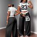 Women's Retro Pictographic Print T-Shirt And Wide Leg Pants Set Casual Comfortable 2-Piece Home Or Outerwear Clothing_ecoleips.com