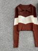 Dopamine-Inspired Colorblock Polo Neck Long Sleeve Knit Sweater For Women, Slim Fit Cropped Top, Autumn Casual Wear_ecoleips.com