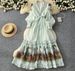 Women's French Retro Print Beaded Bell Sleeve Dress Long Sleeved Color Block V Neck Tie Waist A Line Maxi Dress For Commuting_ecoleips.com