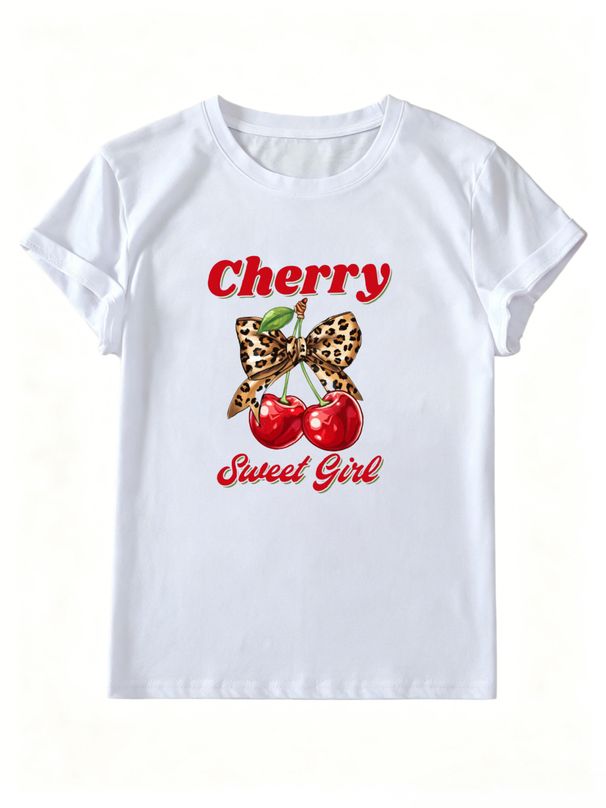 Women Crew Neck Short Sleeve T Shirt Cherry Sweet Girl Leopard Bow Graphic Tee Retro Cute Casual Loose Summer Streetwear Tops_ecoleips.com