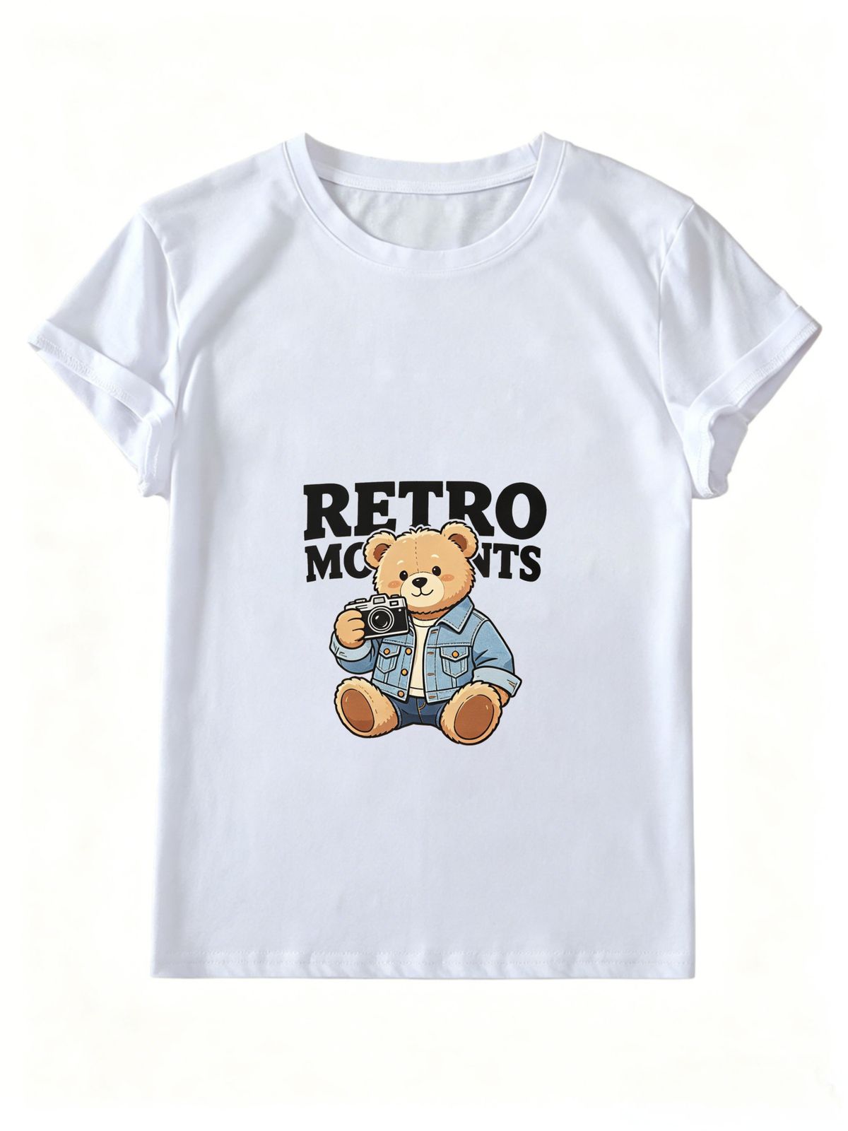 Women Crew Neck Short Sleeve T Shirt Retro Moments Camera Denim Jacket Bear Graphic Tee Vintage Cartoon Loose Casual Streetwear Summer Tops_ecoleips.com