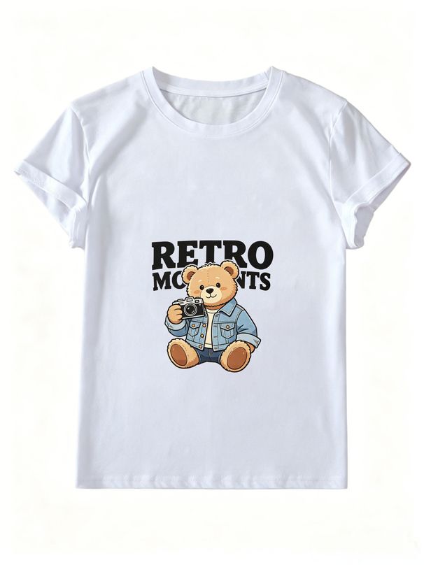 Women Crew Neck Short Sleeve T Shirt Retro Moments Camera Denim Jacket Bear Graphic Tee Vintage Cartoon Loose Casual Streetwear Summer Tops_ecoleips.com