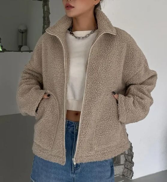 Women's Casual Fashion Jacket Winter Collection Faux Lamb's Wool Drop Shoulder Warm Coat With Slanted Pockets_ecoleips.com