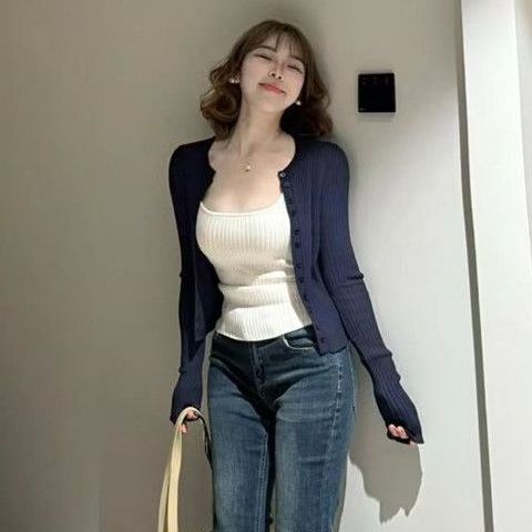 Korean-style Solid Color Fashion Suit For Women, New Spring And Autumn Long-sleeve Knitted Cardigan, Slim-fit, Sexy_ecoleips.com
