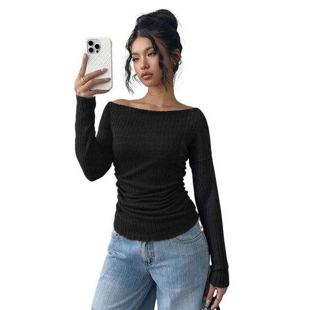Voya New Women's Clothing V-neck Long Sleeved Brushed Pit Stripe Knitted Top Solid Color Sexy Slim Fit Short Base Shirt For Women_ecoleips.com