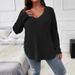 Women's Autumn/Winter Solid-Color Oversized V-Neck Long-Sleeve Striped Brushed Fleece T-Shirt_ecoleips.com