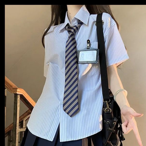 Women's Japanese Style JK Uniform Striped Shirt Loose Fitting Versatile Unique Blouse New Summer Top_ecoleips.com