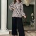 Women's clothing fashion pleated temperament puff sleeve shirt high waist wide leg pants suit_ecoleips.com