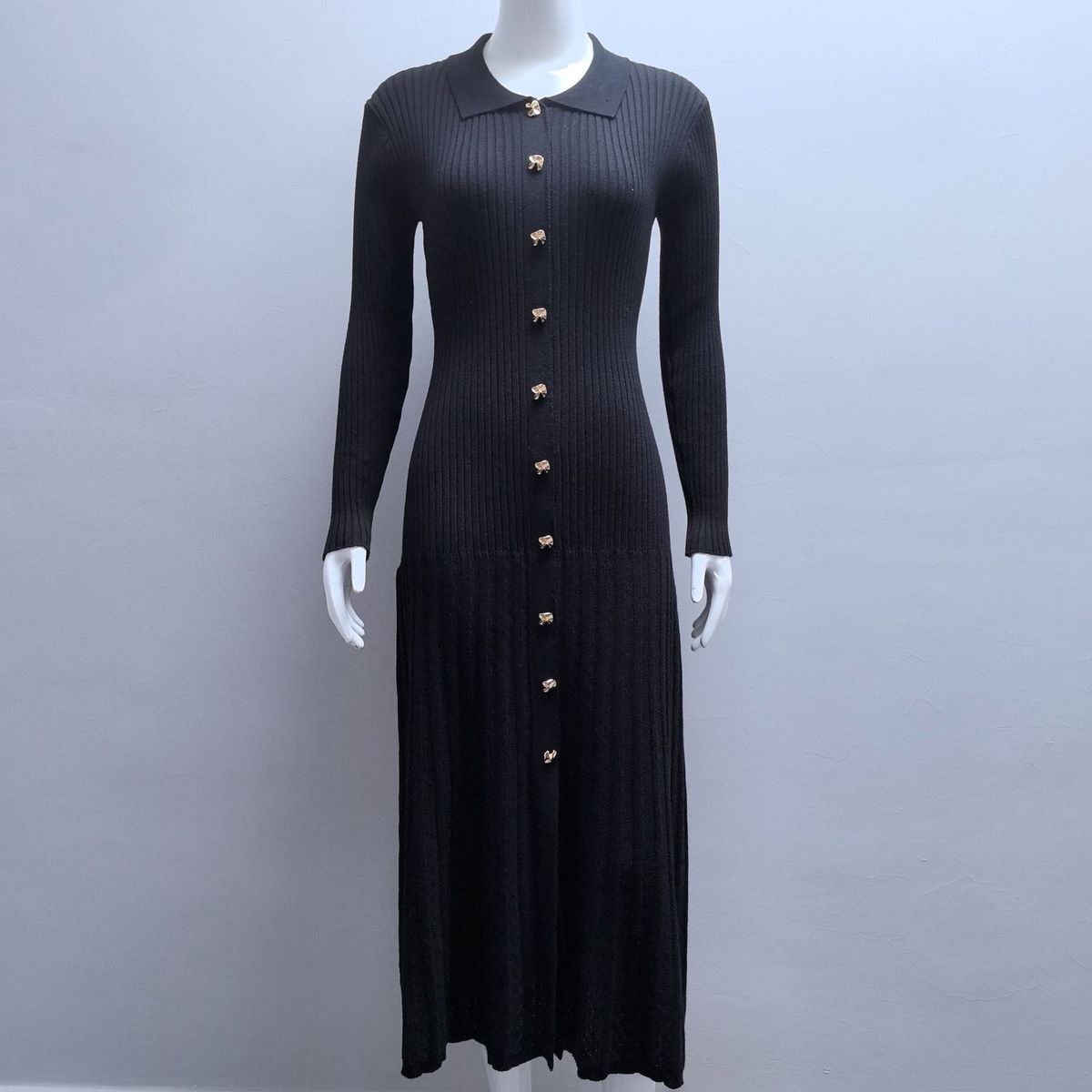 Elegant Polo Collar Knit Dress For Women - Long Sleeve A-Line Modal Blend Dress With Button Front, High Waist, And Flowy Fit - Perfect For Casual_ecoleips.com