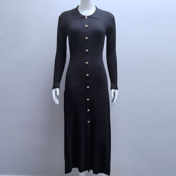 Elegant Polo Collar Knit Dress For Women - Long Sleeve A-Line Modal Blend Dress With Button Front, High Waist, And Flowy Fit - Perfect For Casual_ecoleips.com