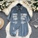 Vintage Denim Shirt For Women - Retro BF Style Casual Oversized Shirt With Asymmetrical Letter Print, Summer Fashion_ecoleips.com