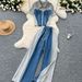 Women's Clothing Summer Outfit Complete Set Of Women's Casual Retro Lapel Two Piece Short Sleeved Tops High Waist Stitching Denim Wide Leg Pants_ecoleips.com