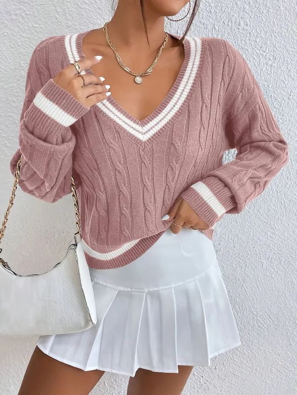 V-Neck Color Block Knit Sweater - Casual Oversized Pullover With Lantern Sleeves, Autumn Winter Fashion For Women_ecoleips.com