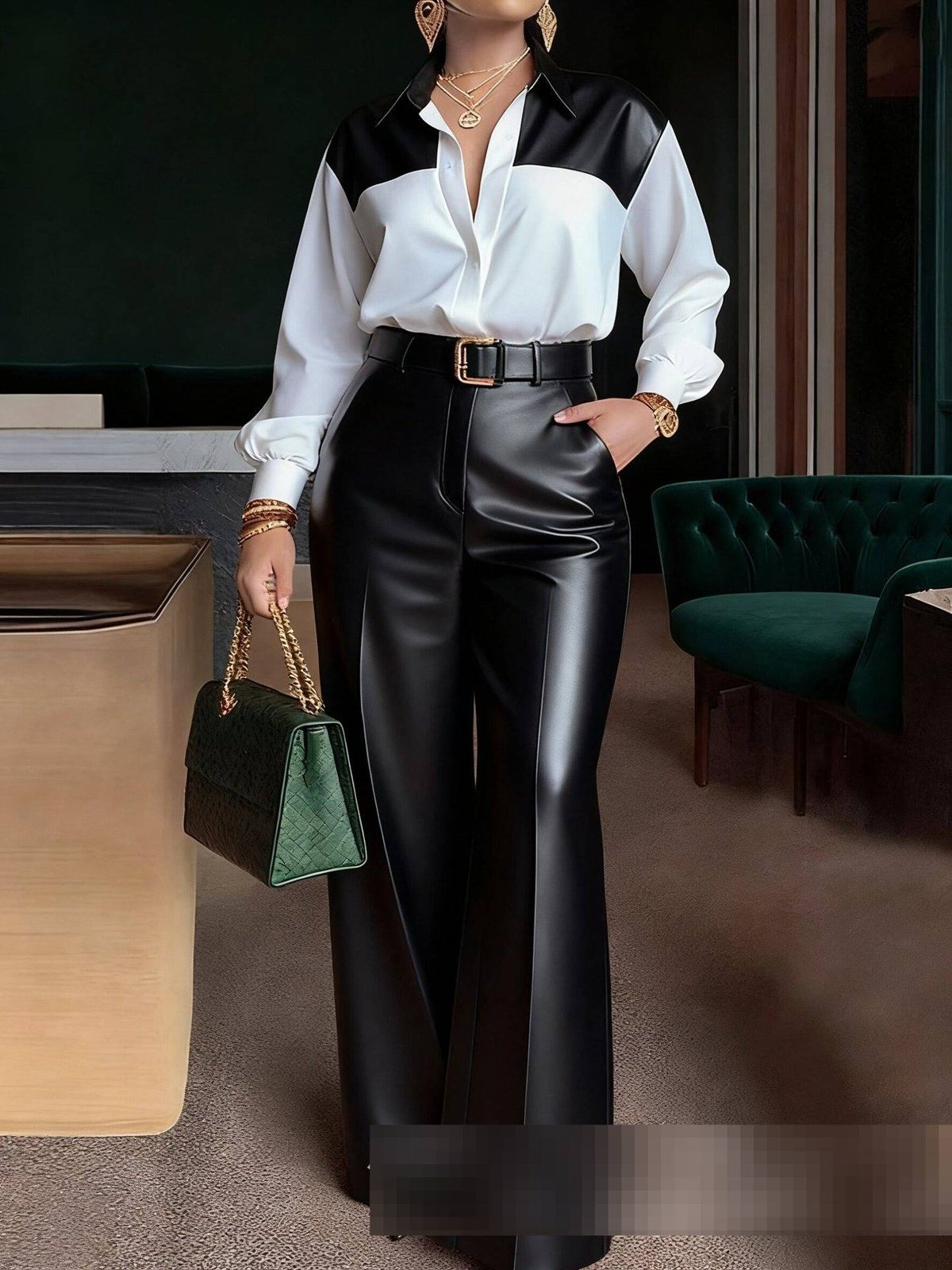 Women's Clothing Elegant Commuter Casual & Office Wear Long Sleeved Shirt With Belt And Wide Leg Leather Pants Two Piece Set_ecoleips.com