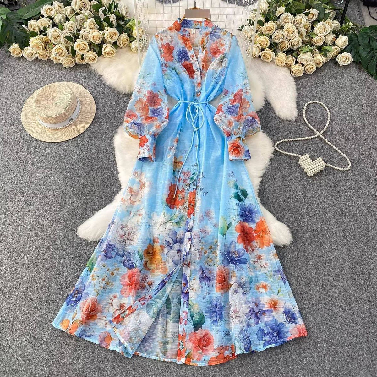 Women's Retro Print V-Neck Dress Lantern Sleeve Single-Breasted Tie Waist Elegant Long Dress For Spring/Autumn Casual Chic_ecoleips.com