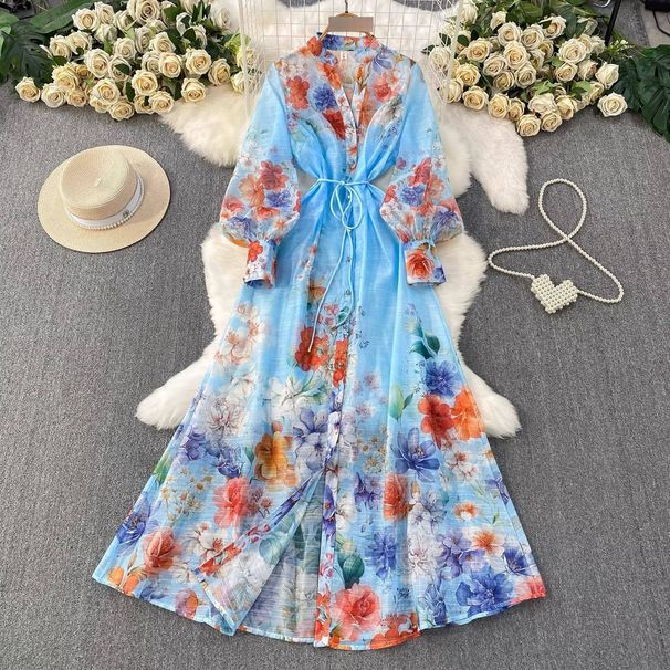 Women's Retro Print V-Neck Dress Lantern Sleeve Single-Breasted Tie Waist Elegant Long Dress For Spring/Autumn Casual Chic_ecoleips.com