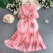 Women's Floral Ruffle Hem Maxi Dress with Puff Sleeves Elegant Romantic Design Flowy Chiffon One Size Fits Most_ecoleips.com