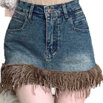 Women's Denim Mini Skirt With Raw Hem & Fringe, High Waisted Stretchy Figure-Flattering A-Line Skirt For Daily Wear_ecoleips.com