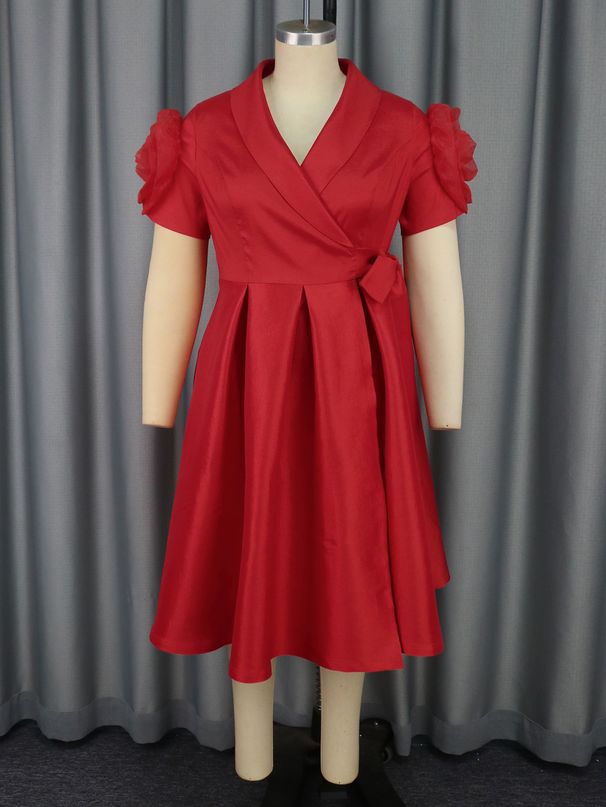 Women's Clothing Cocktail Party Flower Sleeve Dress Party Temperament Solid Color High Waist A Line Skirt Dress_ecoleips.com