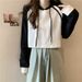 Real Shot Of A Color-blocked Hooded Short Cotton Sweatshirt Petite Women, Thin Design For Spring Autumn, European And_ecoleips.com