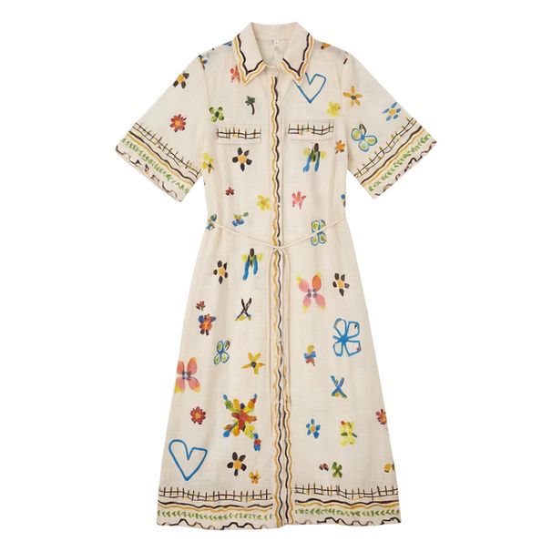 Women's French Style Light Luxury Summer Shirt Dress Hand Painted Graffiti Print Short Sleeves Turn down Collar Slim Fit Youthful Appearance_ecoleips.com