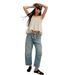 Women's Fashion High Waist Straight Leg Jeans Patchwork Appliqué Ink Splatter Washed American Retro Style Drawstring_ecoleips.com