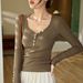 2025 #Craftsmanship Selection # American Button V-Neck Long Sleeved T-Shirt Women's Pure Cotton 2025 Autumn New Shoulder Top_ecoleips.com