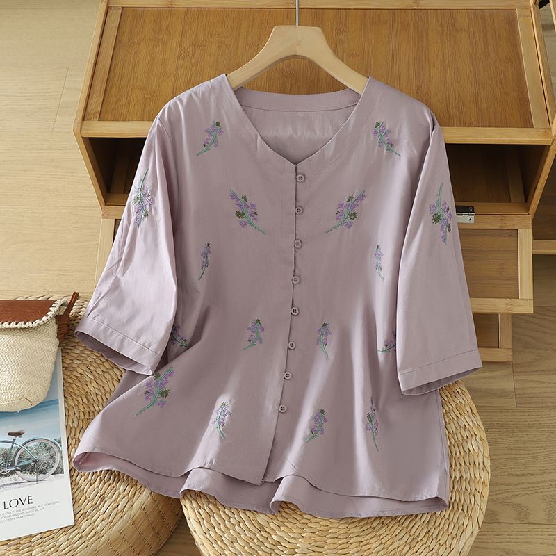 Women's Chinese Style Embroidered Cardigan Shirt Loose Fit Cotton Linen Blouse V-Neck 3/4 Sleeve Summer Top Versatile_ecoleips.com